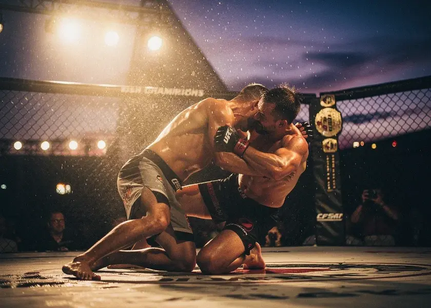 Alex Pereira landing a right hand on Israel Adesanya during their UFC rematch in 2023