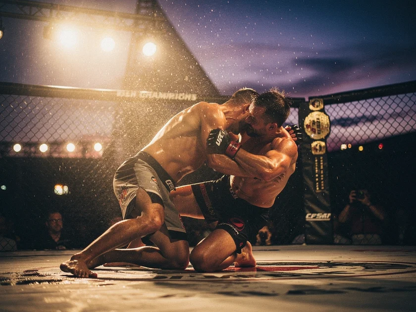 Alex Pereira landing a right hand on Israel Adesanya during their UFC rematch in 2023