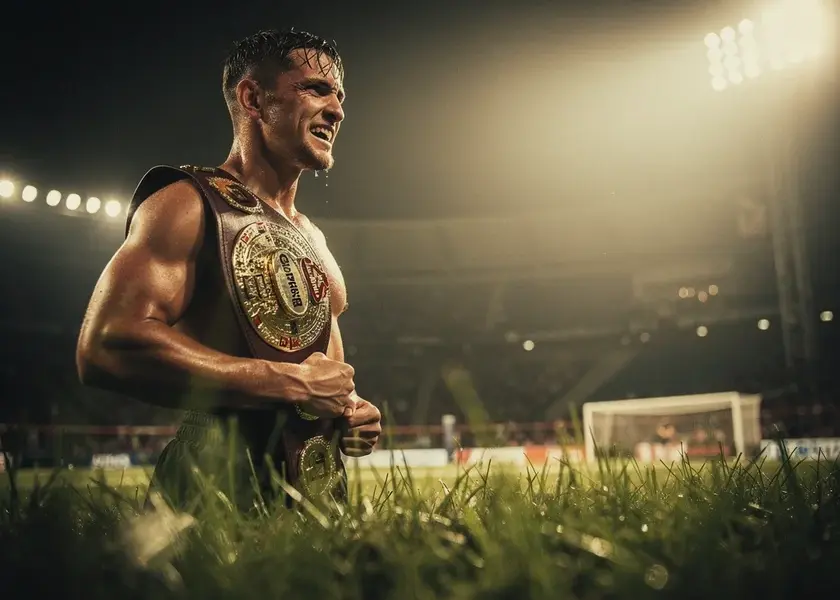 Alex Pereira holding the UFC light heavyweight championship belt after a title defense in 2026