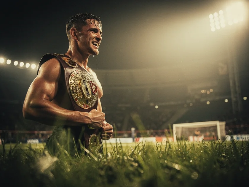 Alex Pereira holding the UFC light heavyweight championship belt after a title defense in 2026