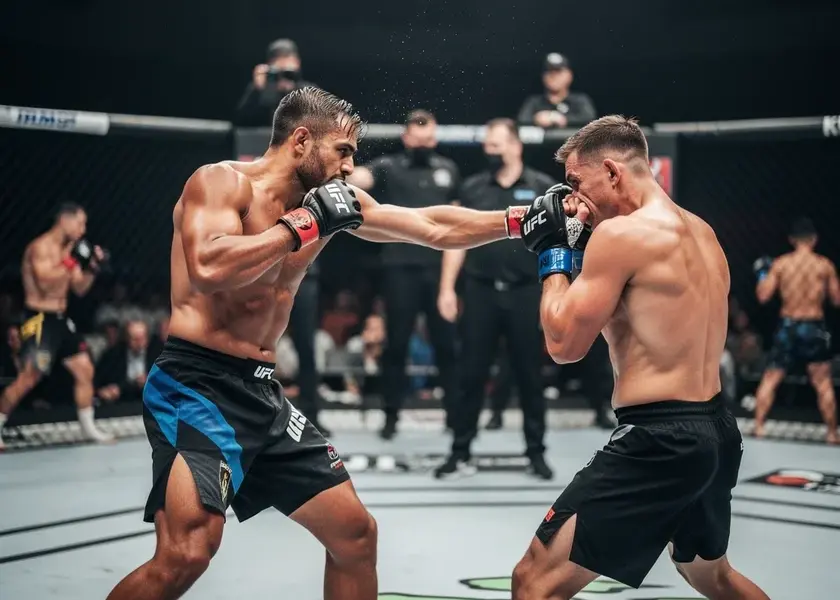 Justin Gaethje throwing a right hand in the UFC octagon during a lightweight title fight