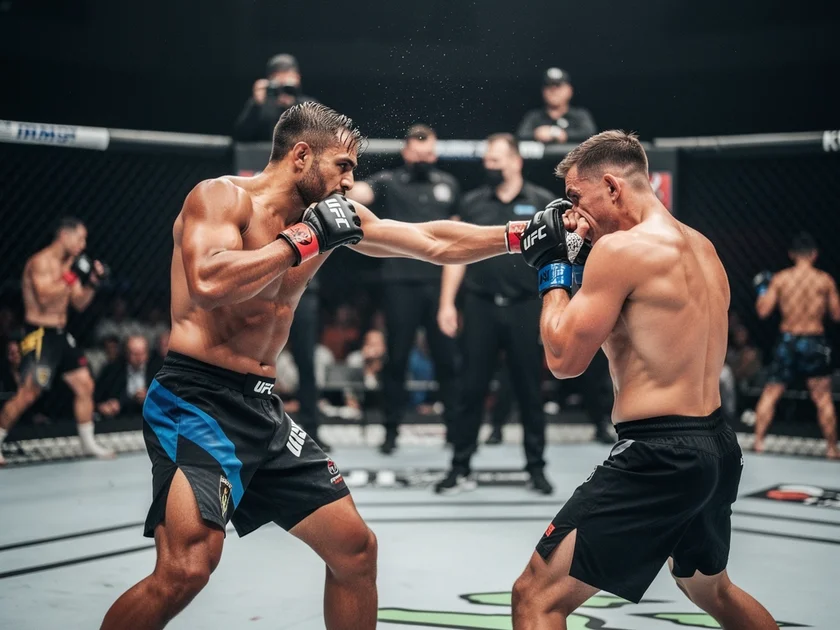 Justin Gaethje throwing a right hand in the UFC octagon during a lightweight title fight
