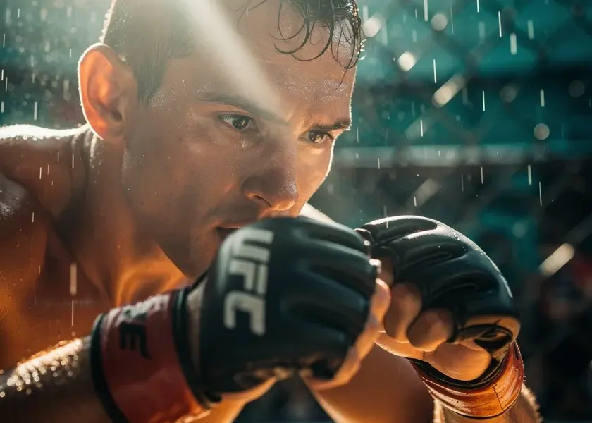 Khamzat Chimaev in UFC octagon stance during middleweight contender fight in 2024