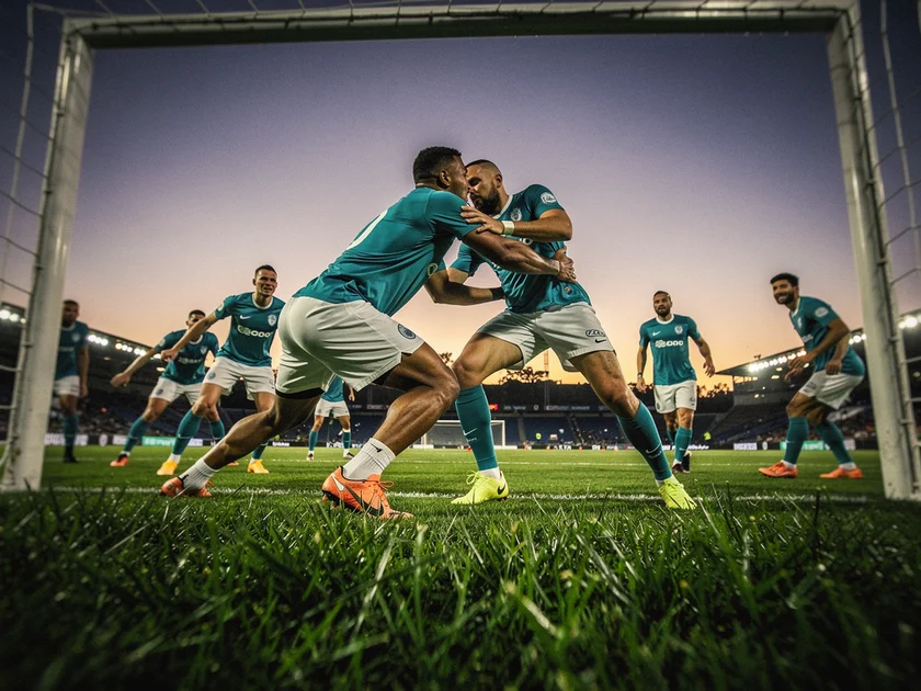 Manchester City players celebrating a trophy win, illustrating the club's quadruple history and near