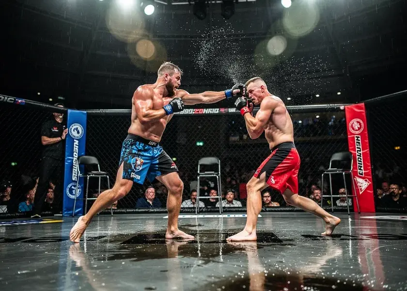 Max Holloway throwing a jab in the UFC octagon during a featherweight championship bout in 2024