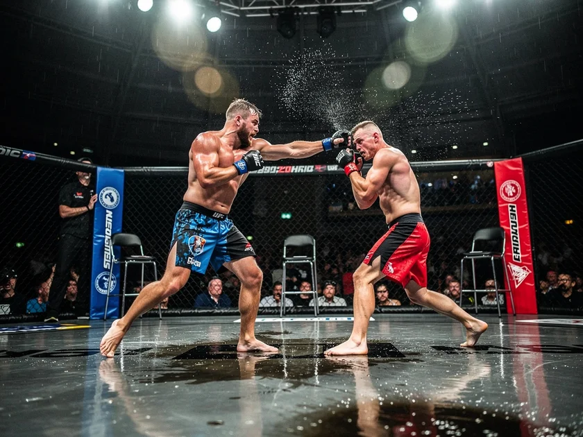 Max Holloway throwing a jab in the UFC octagon during a featherweight championship bout in 2024