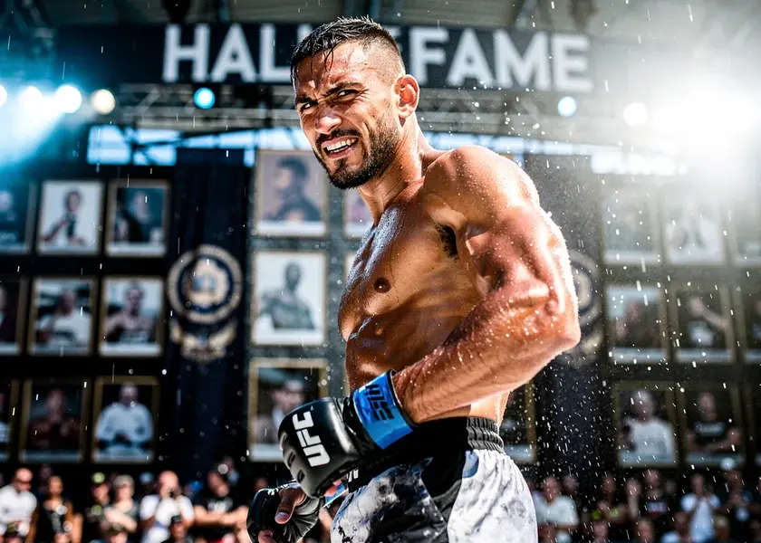 Max Holloway throwing a left hook in the UFC octagon during a featherweight title fight in 2026