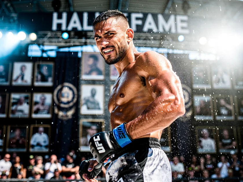 Max Holloway throwing a left hook in the UFC octagon during a featherweight title fight in 2026