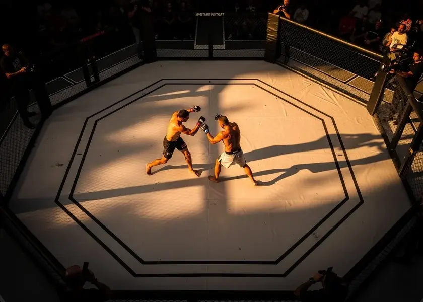 Sean O'Malley in UFC octagon during bantamweight title fight, striking pose mid-combination