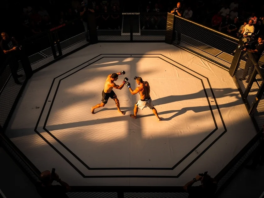 Sean O'Malley in UFC octagon during bantamweight title fight, striking pose mid-combination