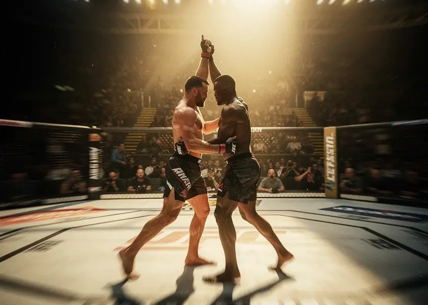 Islam Makhachev celebrates retaining the UFC Lightweight Division title at UFC 313 against Arman Tsarukyan