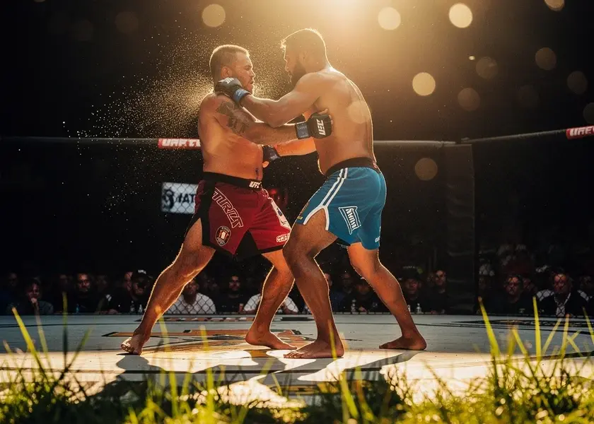 Israel Adesanya and Joe Pyfer face off at UFC Seattle weigh-in with UFC Lightweight Division contenders watching