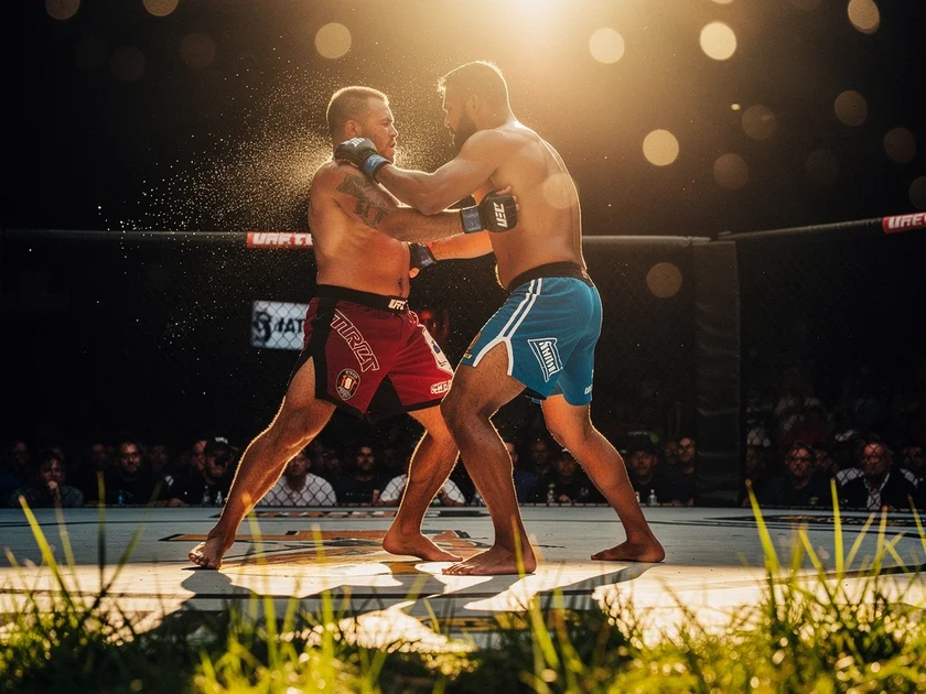Israel Adesanya and Joe Pyfer face off at UFC Seattle weigh-in with UFC Lightweight Division contenders watching