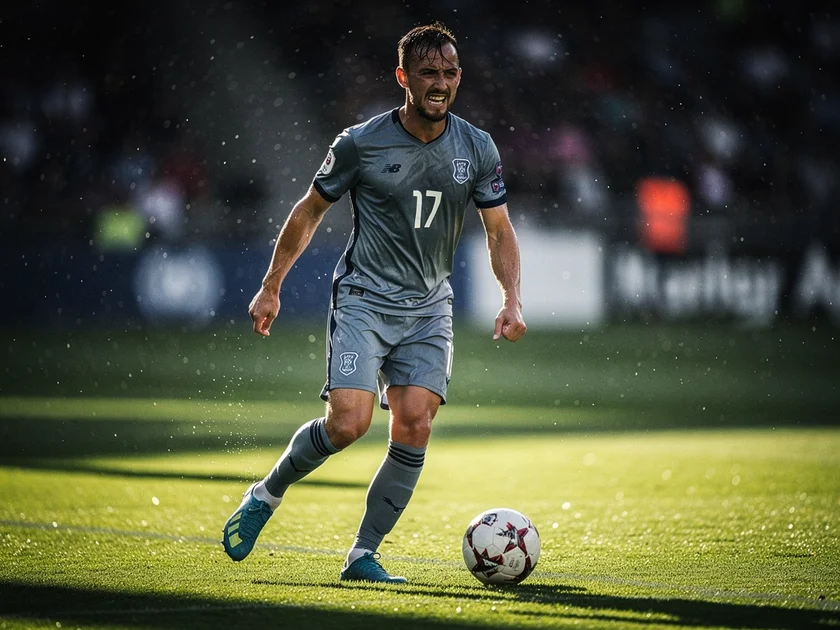 Declan Rice in Arsenal kit driving forward with the ball during a Premier League match in 2026