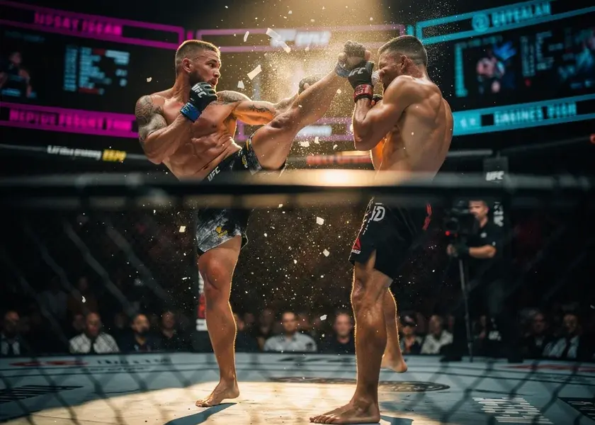 Justin Gaethje in UFC octagon throwing a punch during a lightweight championship bout in 2026