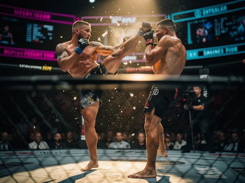 Justin Gaethje in UFC octagon throwing a punch during a lightweight championship bout in 2026