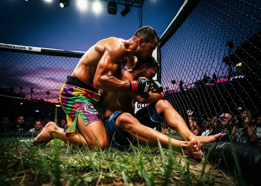 Khamzat Chimaev in UFC octagon stance at welterweight, April 2026 contender bout