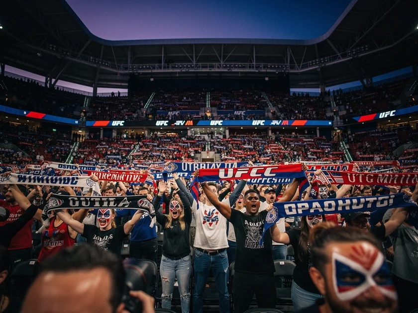 Max Holloway throwing a left hook in the UFC lightweight division octagon in 2026